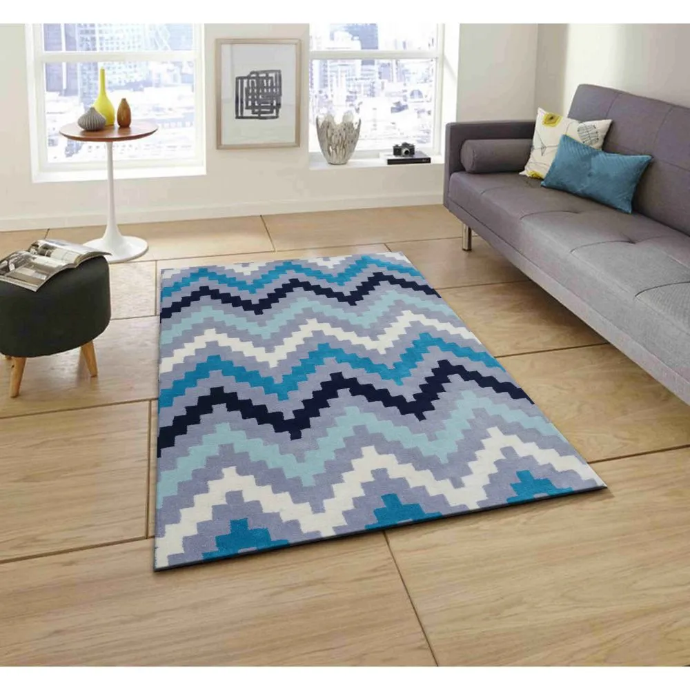 Geometric Patterned Shades Of Blue Designer Area Carpet