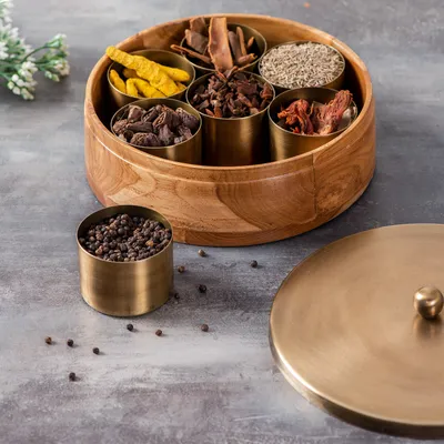 Gold Wood with Stainless Steel Jars & Lid Masala/Spice Box