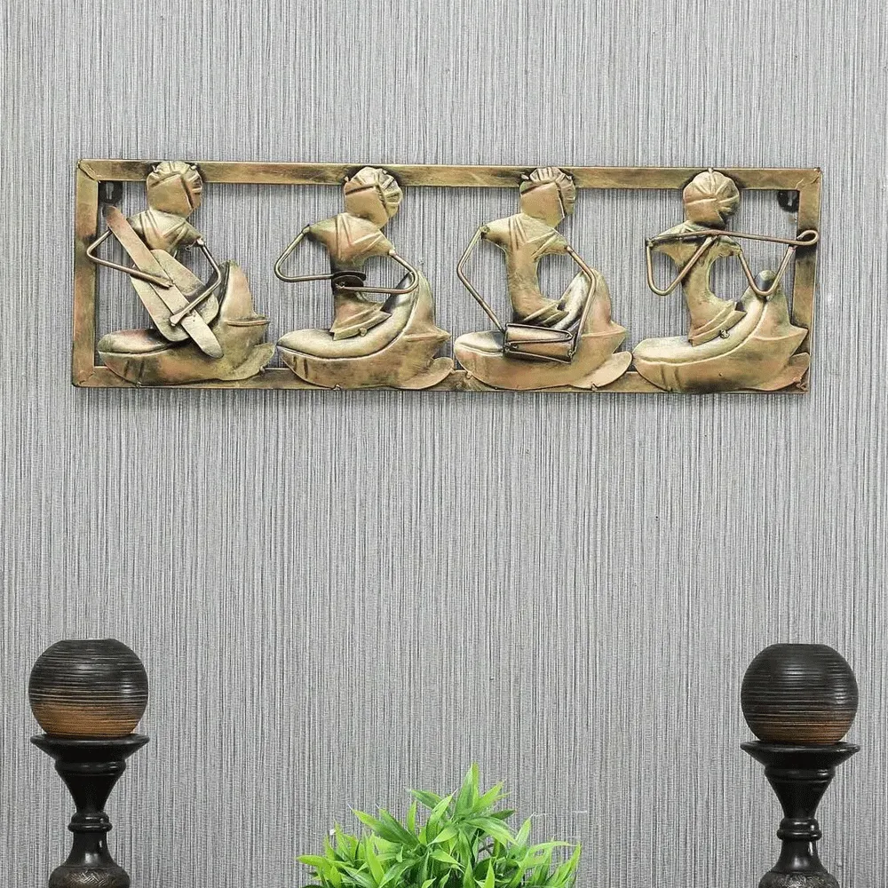 Golden Brushed 4 Tribal Musicians Framed Metal