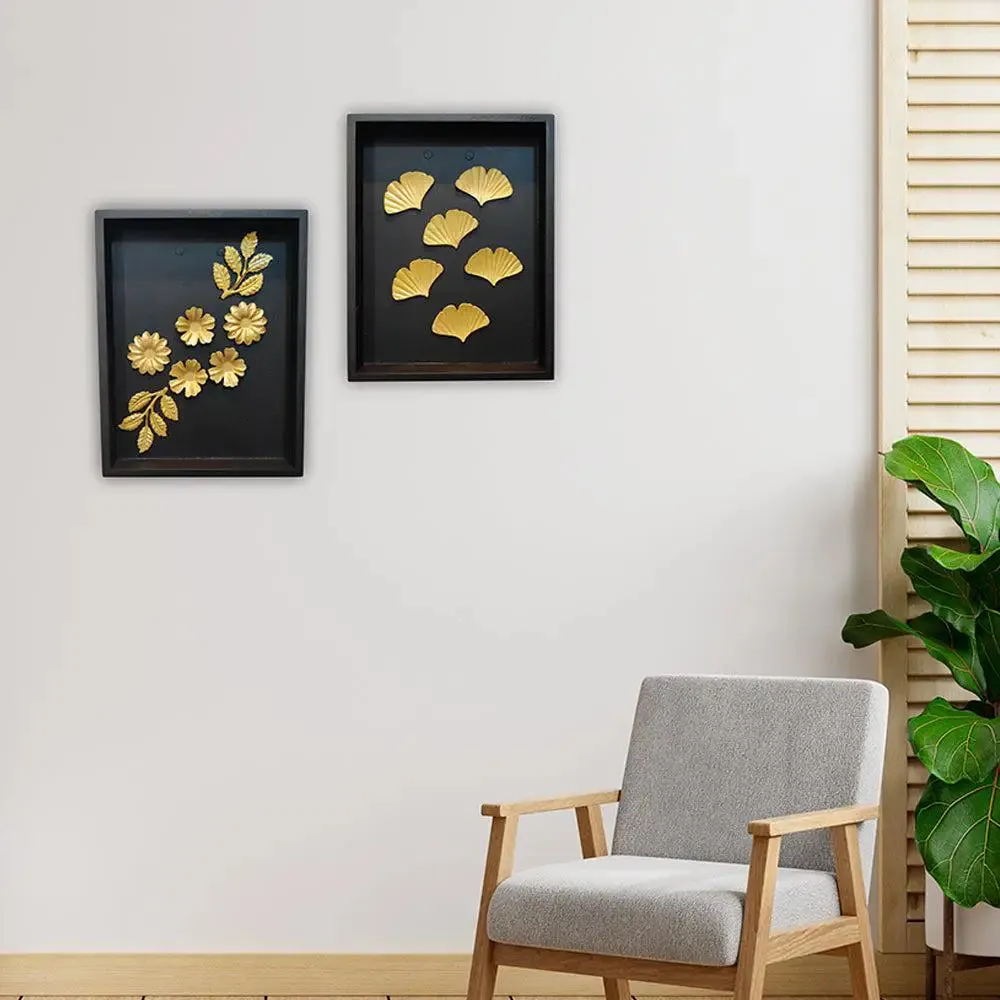 Golden Leaf &amp; Flower Wall Art in Black Wooden Box Frame- Set of 2