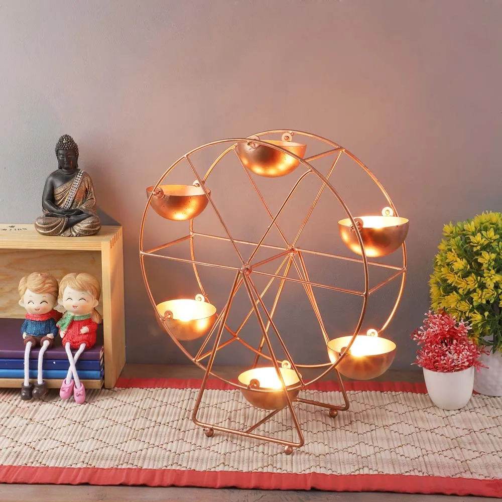 Golden Merry Go Round Motif Revolving Metal Tea Light Candle Holder