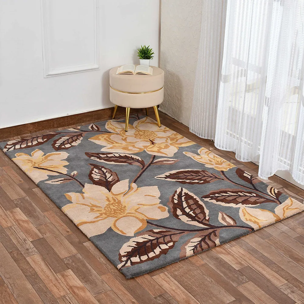 Gorgeous Grey Floral Printed Hand Tufted Wool Carpet
