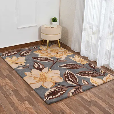 Gorgeous Grey Floral Printed Hand Tufted Wool Carpet