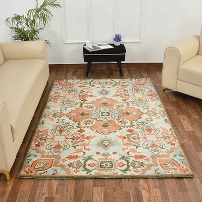 Gorgeous Peach and Green Traditional Print Polyester Carpet