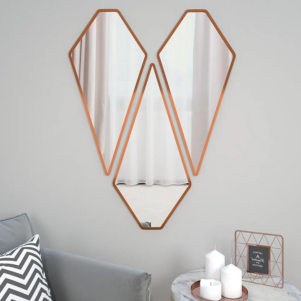 Graceful Diamond Cut Copper Finish Vanity Mirrors Set Of 3