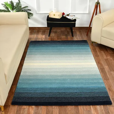 Gradient Effect Blue & White Coloured Hand Tufted Rectangular Wool Carpet