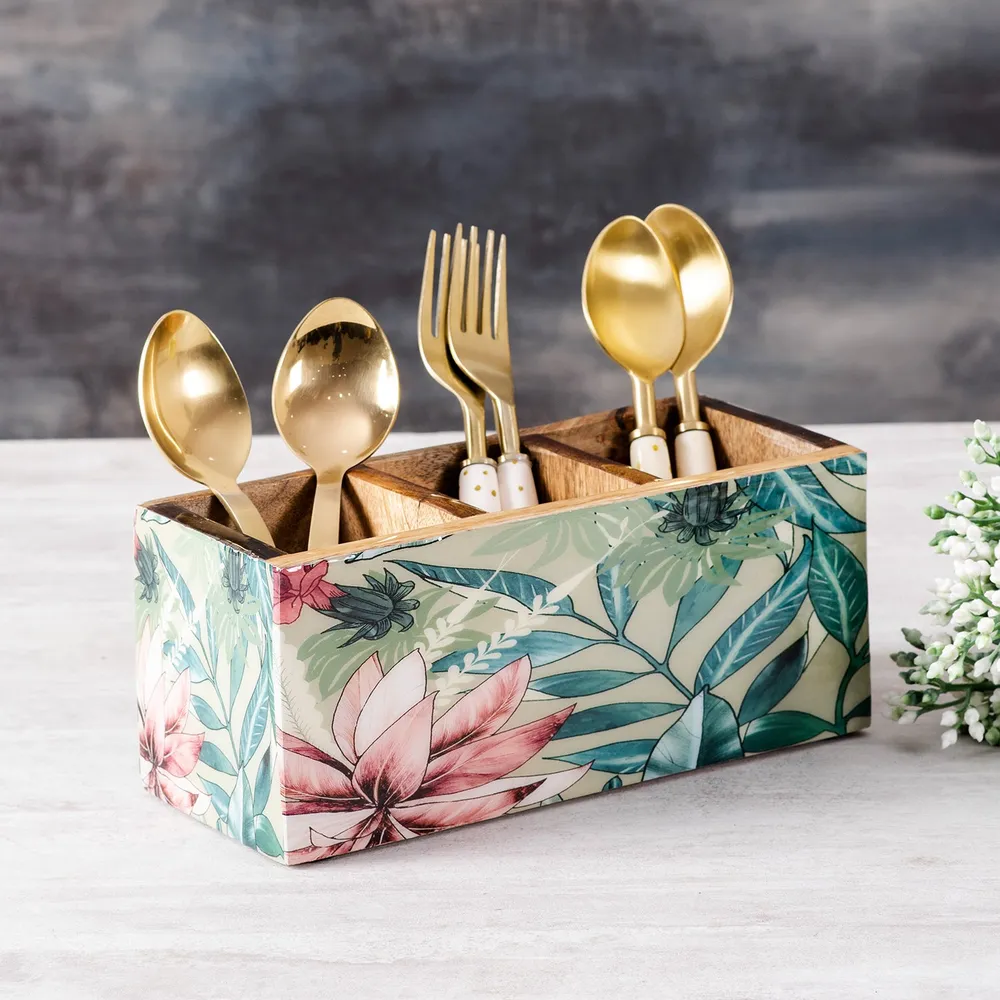Green Printed Decorative Multipurpose Big Wooden Cutlery Holder