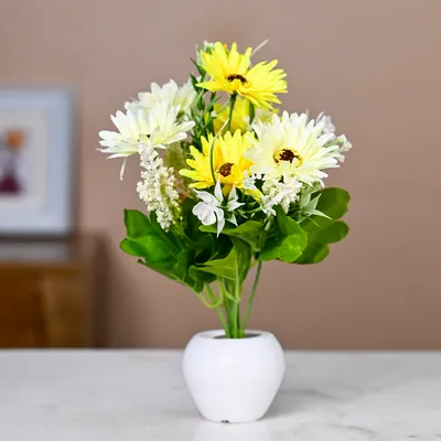 Green & Yellow Daisy Artificial Flowers With Pot