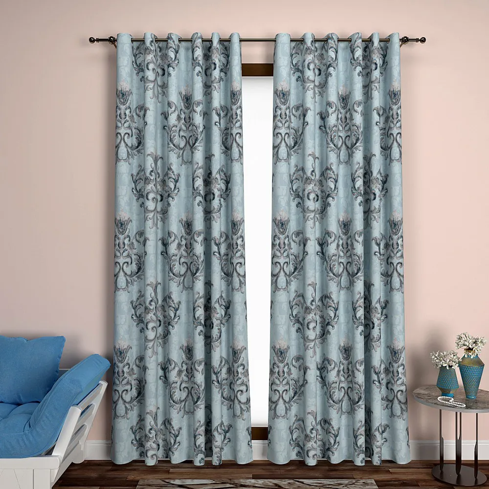 Grey and Blue Flowy Flowery Designer Door Curtain