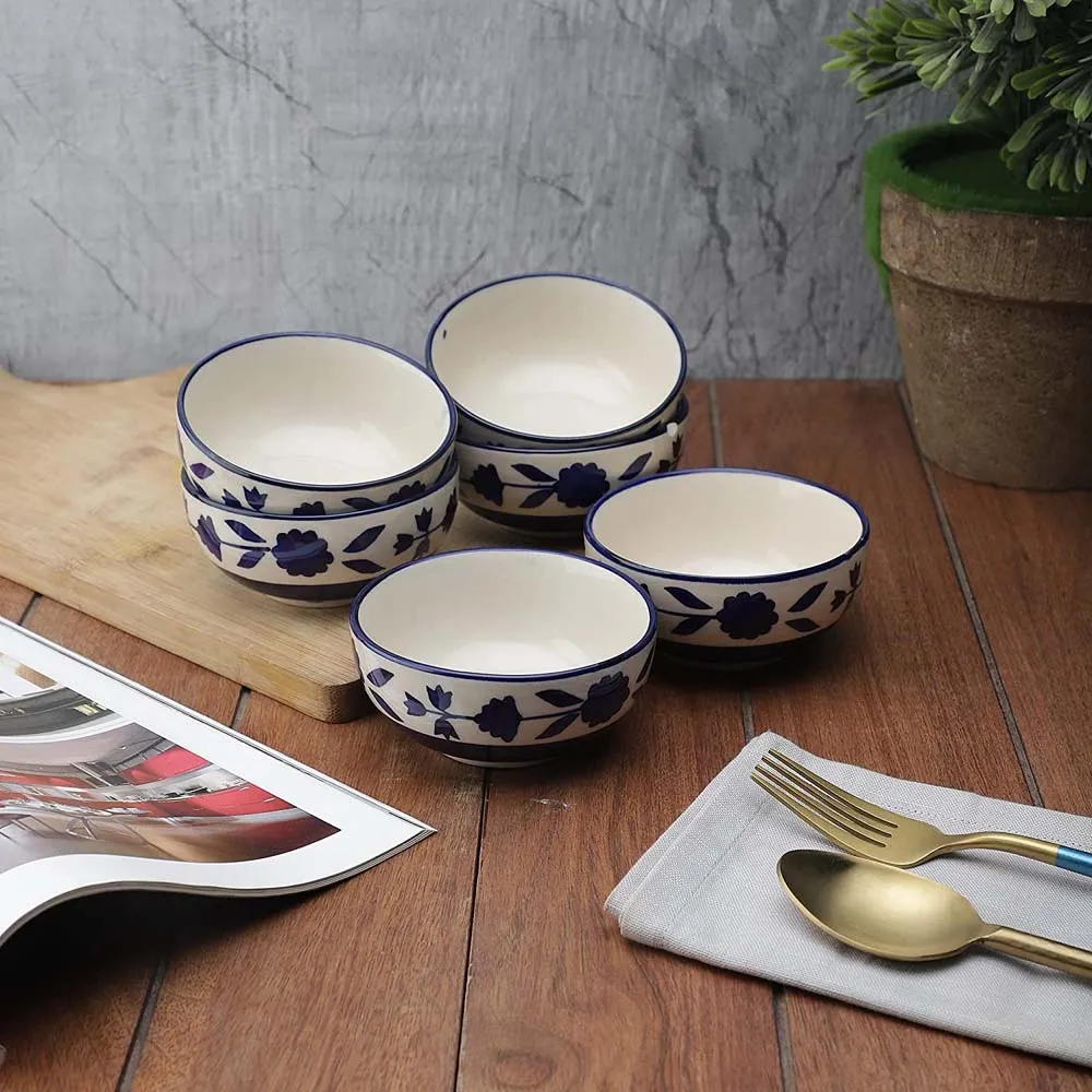 Grey & Blue Hand-Painted Ceramic Bowls Set Of 6