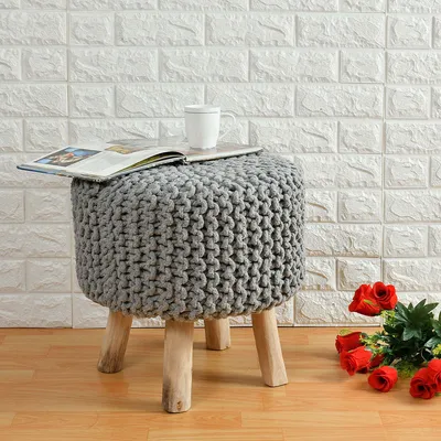 Grey Cotton Knitted Wooden Pouffe Stool