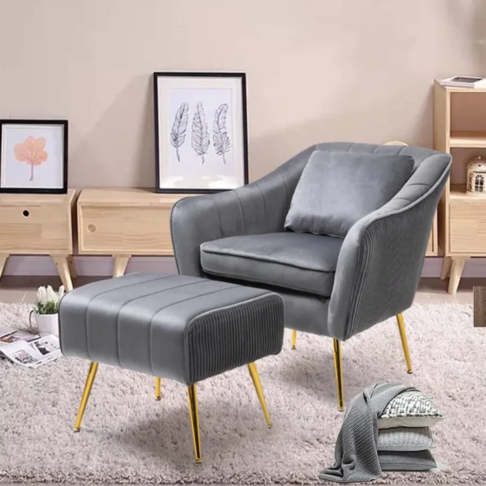 Grey Fluffy Super Comfy Velvet Lounge Chair With Ottoman
