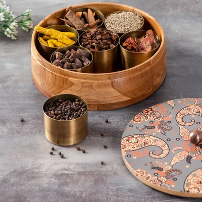 Grey Patterned Wood & Stainless Steel Jars Masala/ Spice Box