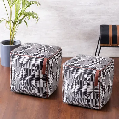 Grey Pattrened Woven Jacquard Cotton Floor Poufee Stool Set Of 2 Without Filler