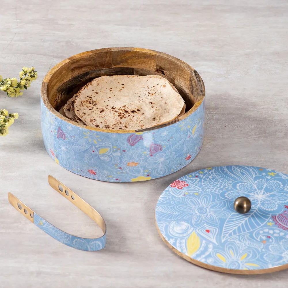 Grey Wood With Enamel Casserole/Chapatti Box With Tong