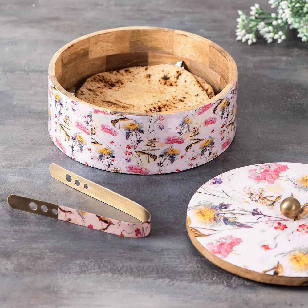 Grey Wooden With Enamel Casserole/Chapatti Box With Tong
