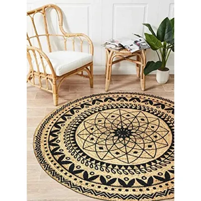 Hand braided Mandala Black Round Jute Floormat