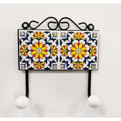 Hand Crafted Ceramic Wrought Iron Wall Hook, White  - Set of 2