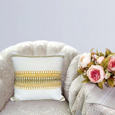 Hand Embroided Designer Yellow & White Cushion Cover