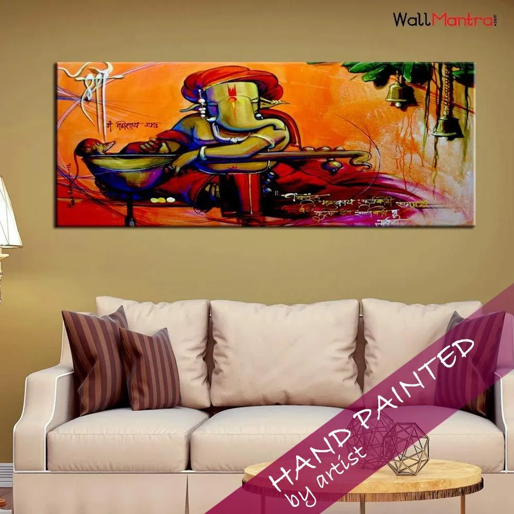 Hand Painted Beautiful Auspicious Ganesha Canvas  Wall Painting