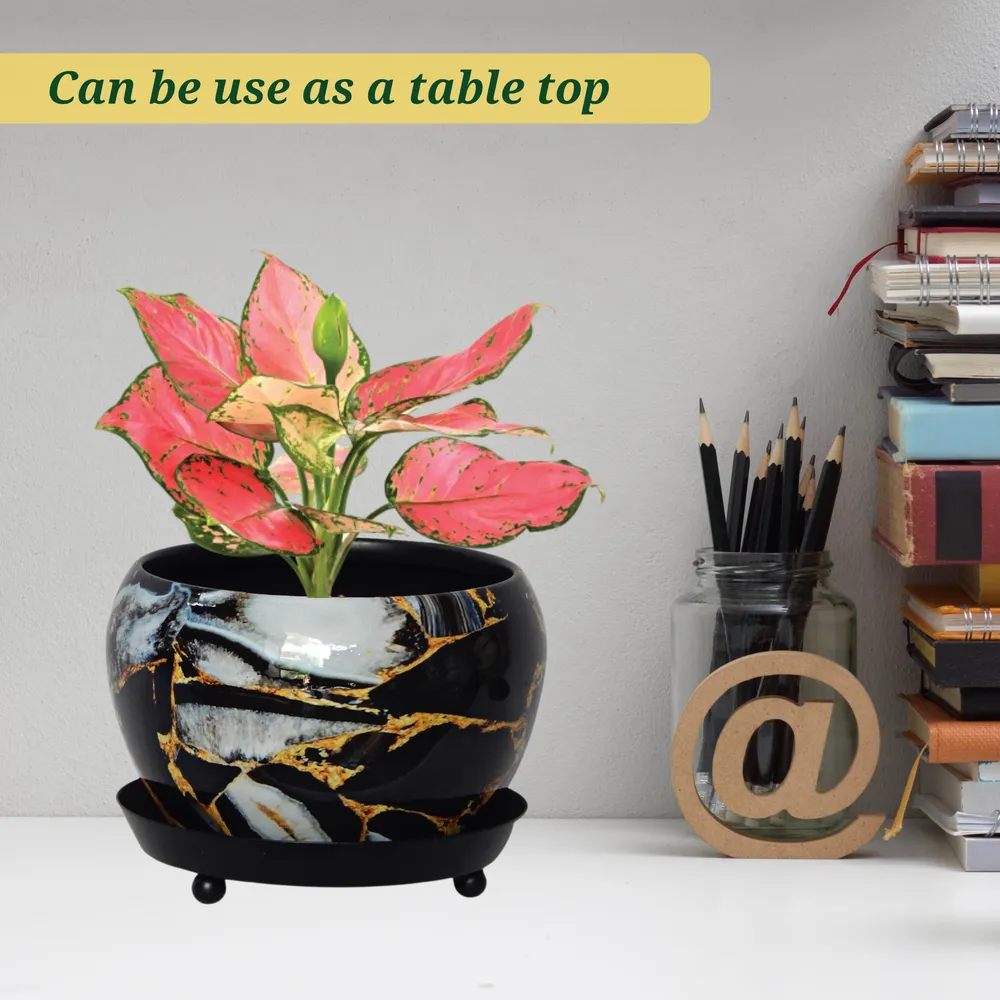 Handcrafted Black Marble-textured Print Indoor Metal Plant Pot with Saucer Plate