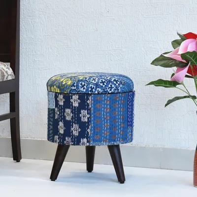 Handcrafted Blue Kantha Gudri Patchwork Upholstery Solid Wooden Ottoman