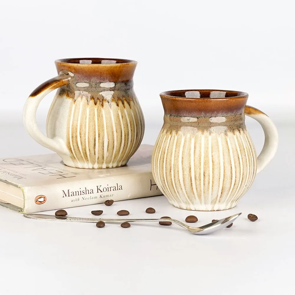 Handcrafted Design Pot Motif Ceramic Mugs Set of 2