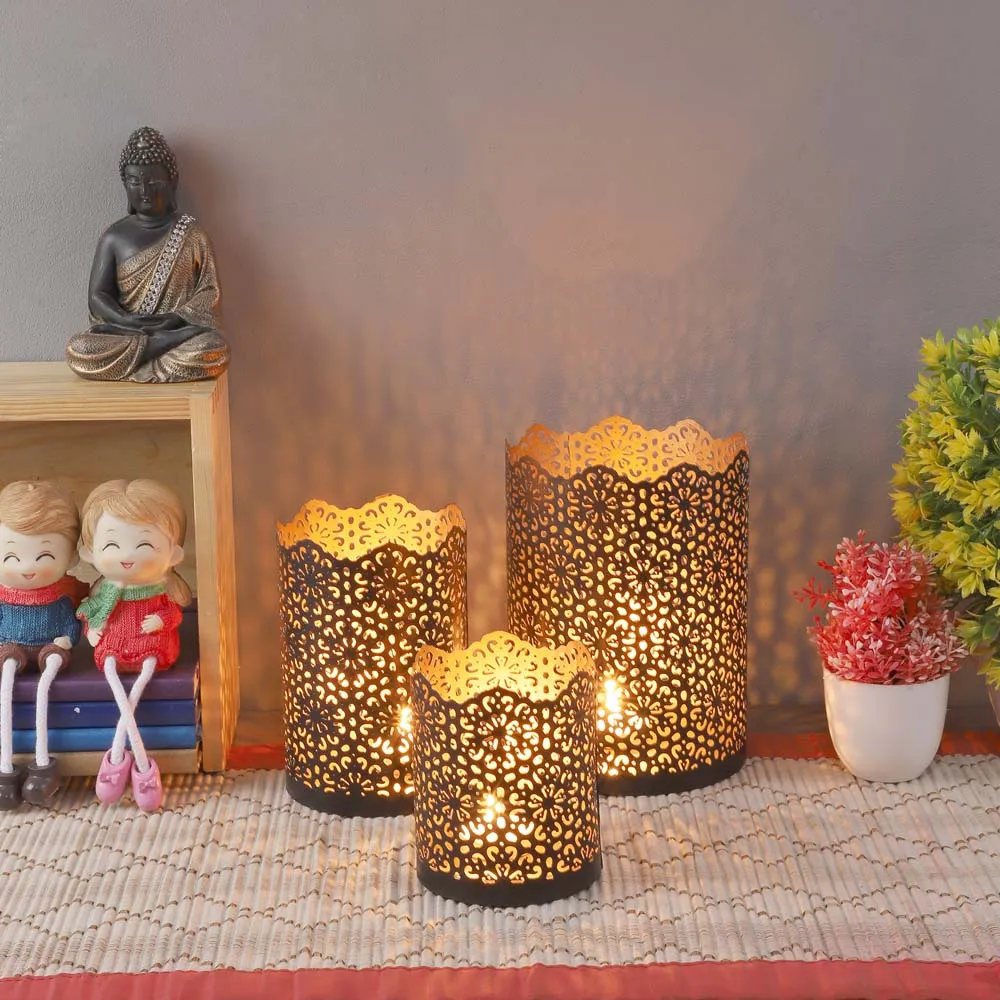 Handcrafted Golden & Black Metal Tea Light Candle Holders Set Of 3