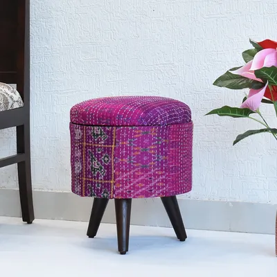 Handcrafted Pink Kantha Gudri Patchwork Upholstery Solid Wooden Ottoman