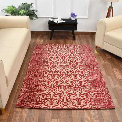 Handcrafted Red and Beige Ethnic Motif Polyester Carpet