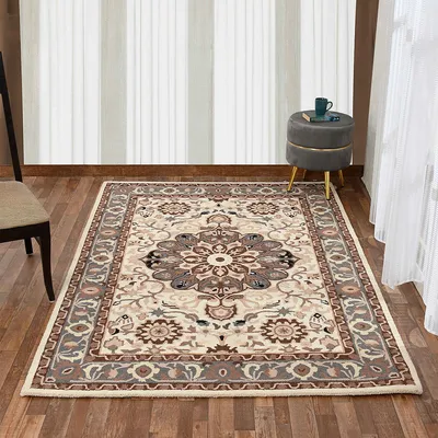 Handcrafted Traditional Print Ivory Coloured Hand Tufted Wool Carpet