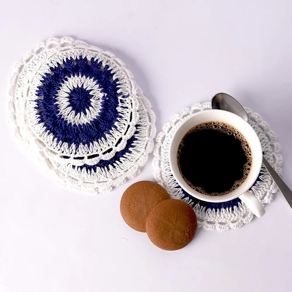 Handmade Crochet Table Coasters Set of 6 ~Blue&White