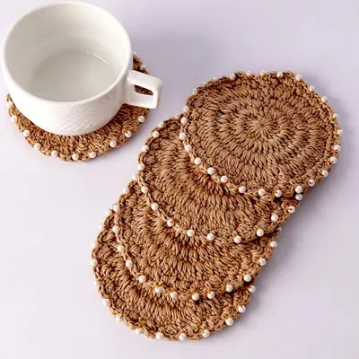 Handmade Crochet Table Coasters Set of 6 ~ Taupe