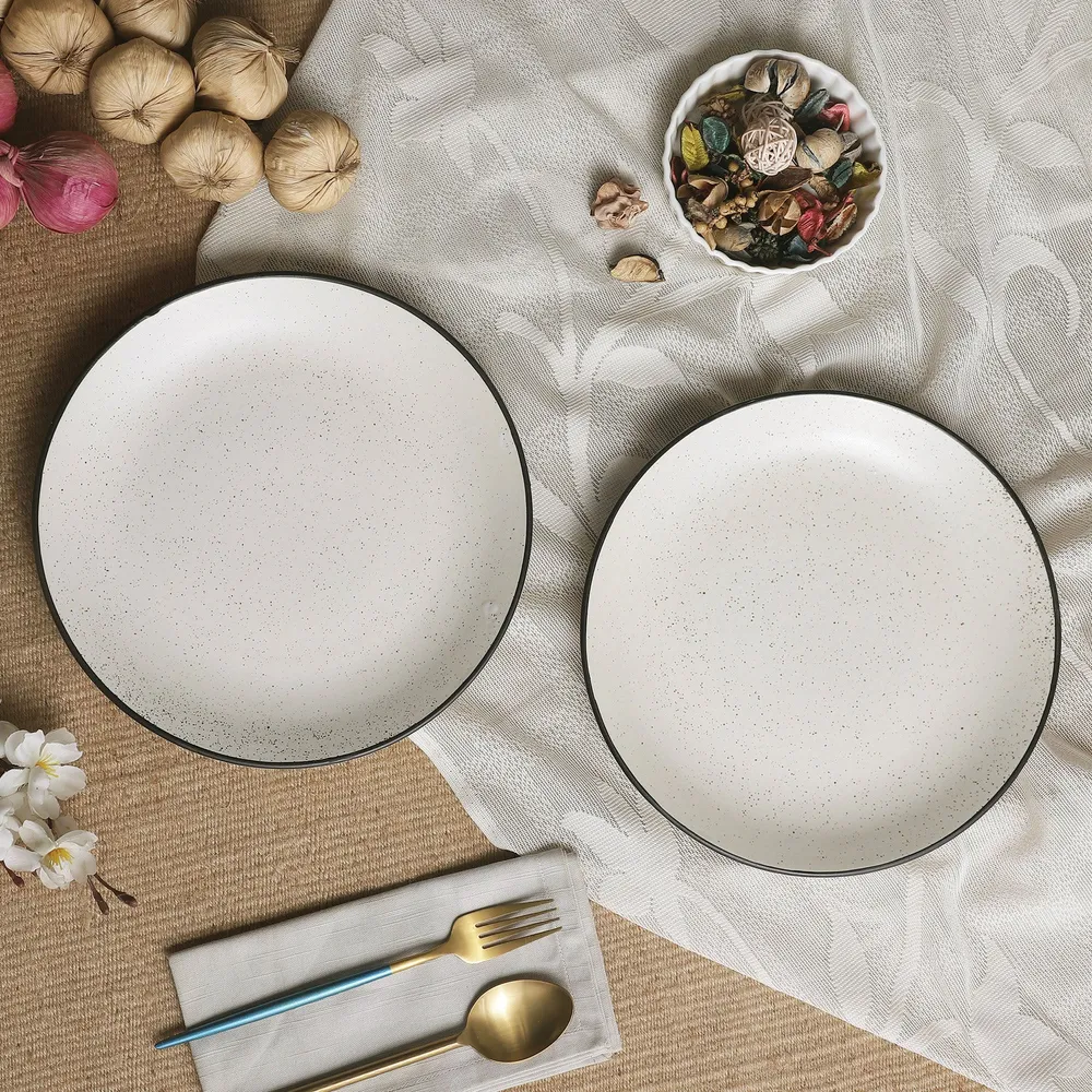 Handpainted Black Bordered Off-White Matte Ceramic Dinner Plates Set Of 2