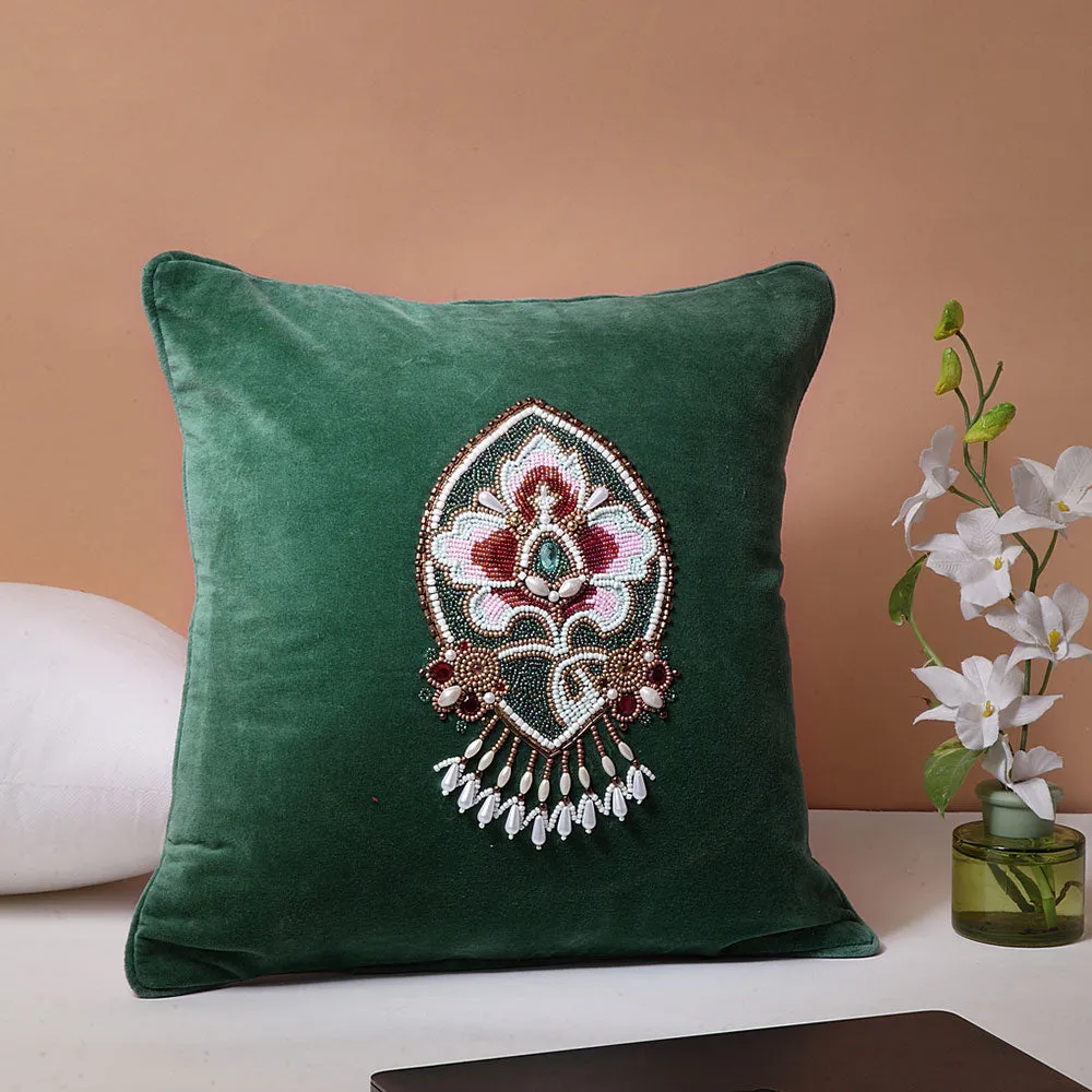Heavy Embellished Bottle Green 100% Cotton Cushion Cover Set Of 1
