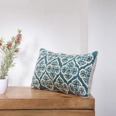 Heavy Embellished Peacock Blue 100% Cotton Cushion Cover Set of 1