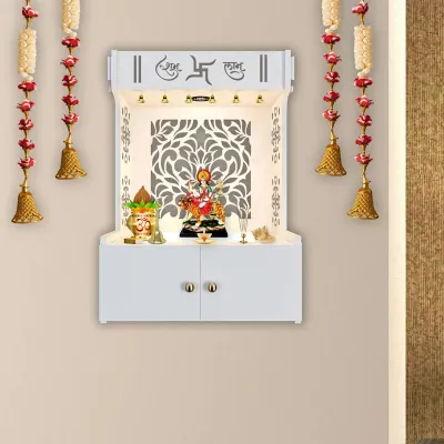 Holy Swastika Symbol Of Hindu Religious White Wooden Wall Temple For Home With Inbuilt Focus Lights &amp; Spacious Shelf