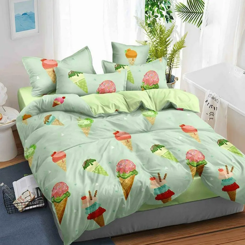 Ice Cream Flavours Printed Double Bedsheet With 2 Pillow Covers (Mint Green)