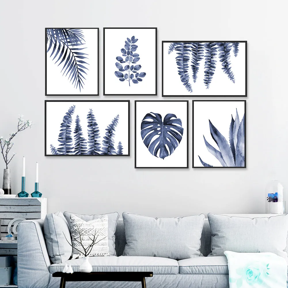 Ink Blue Tropical Ferns Wall Frame Set of 6