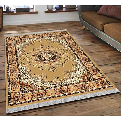 Intricate Ethnic Patterned Golden Polyester Area Carpet