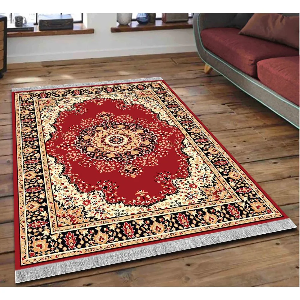 Intricate Ethnic Patterned Red Tufted Polyester Carpet