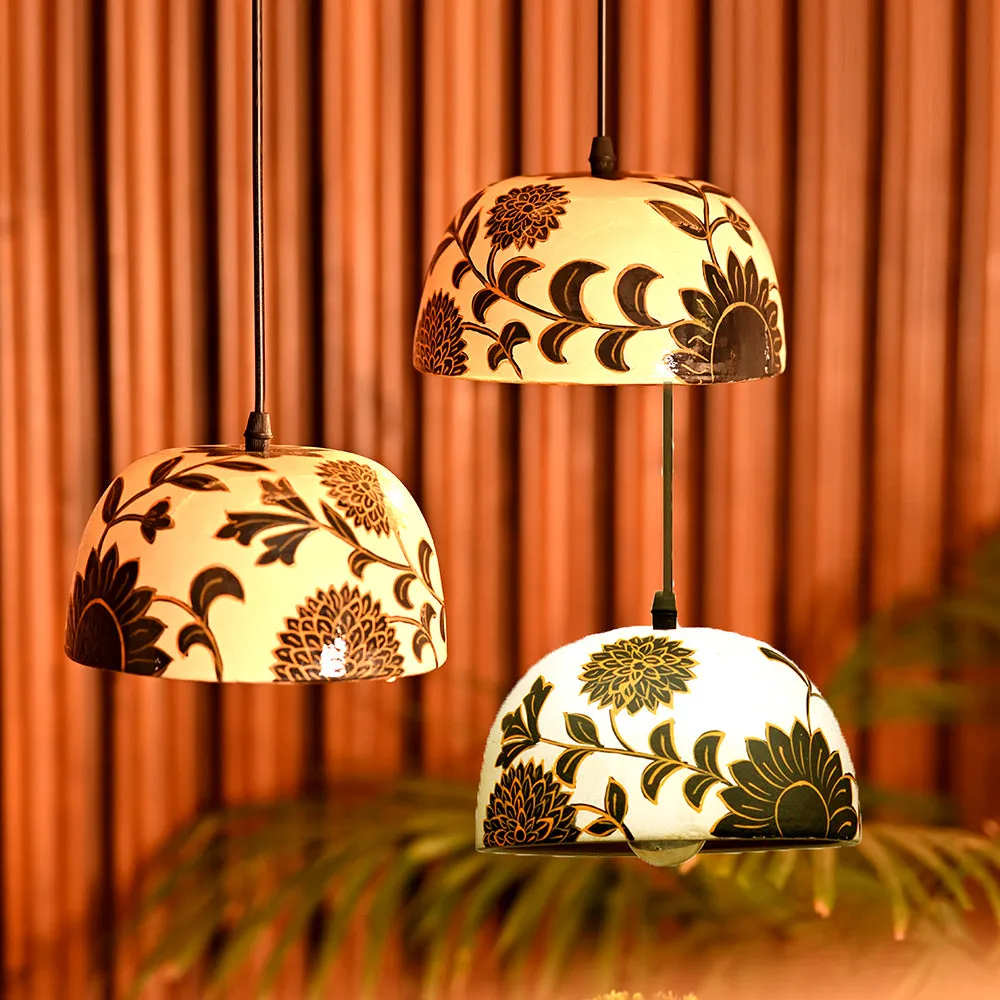 Intricate Floral Handpainted Terracotta Triple Hanging Lamp