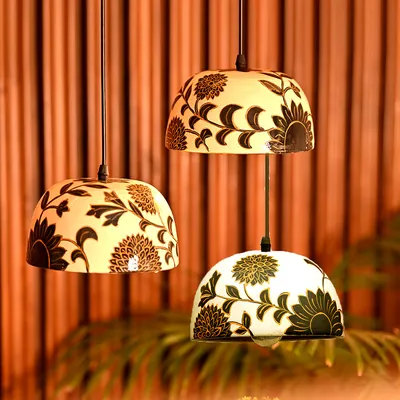 Intricate Floral Handpainted Terracotta Triple Hanging Lamp