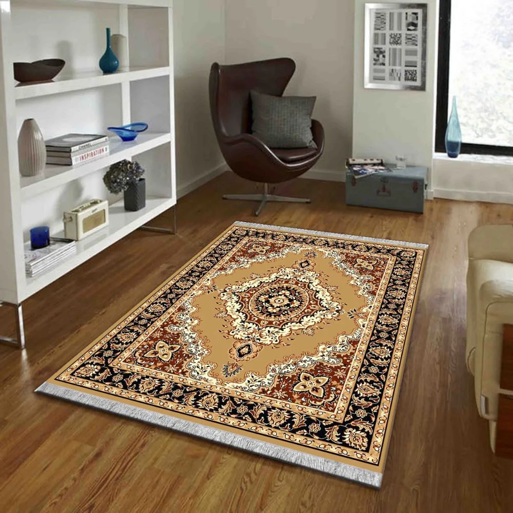 Intricate Moorish Designer Golden Polyester Area Carpet