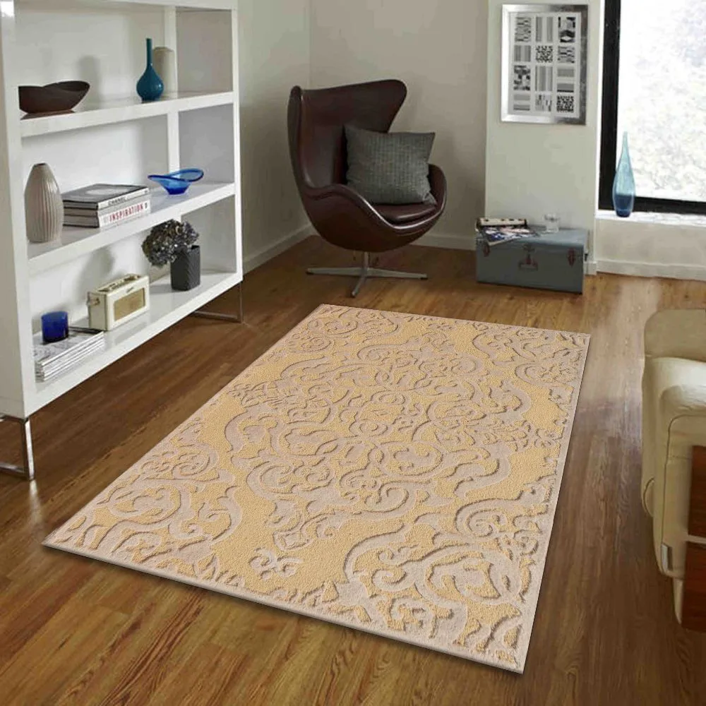 Intricate Traditional Designer Golden Beige Tufted Area Carpet