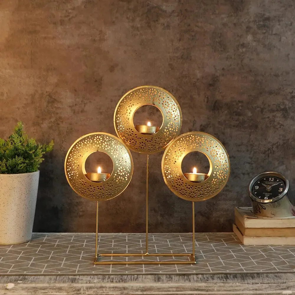 Intricately Etched Designer Round Table Tealight Holder (Golden)