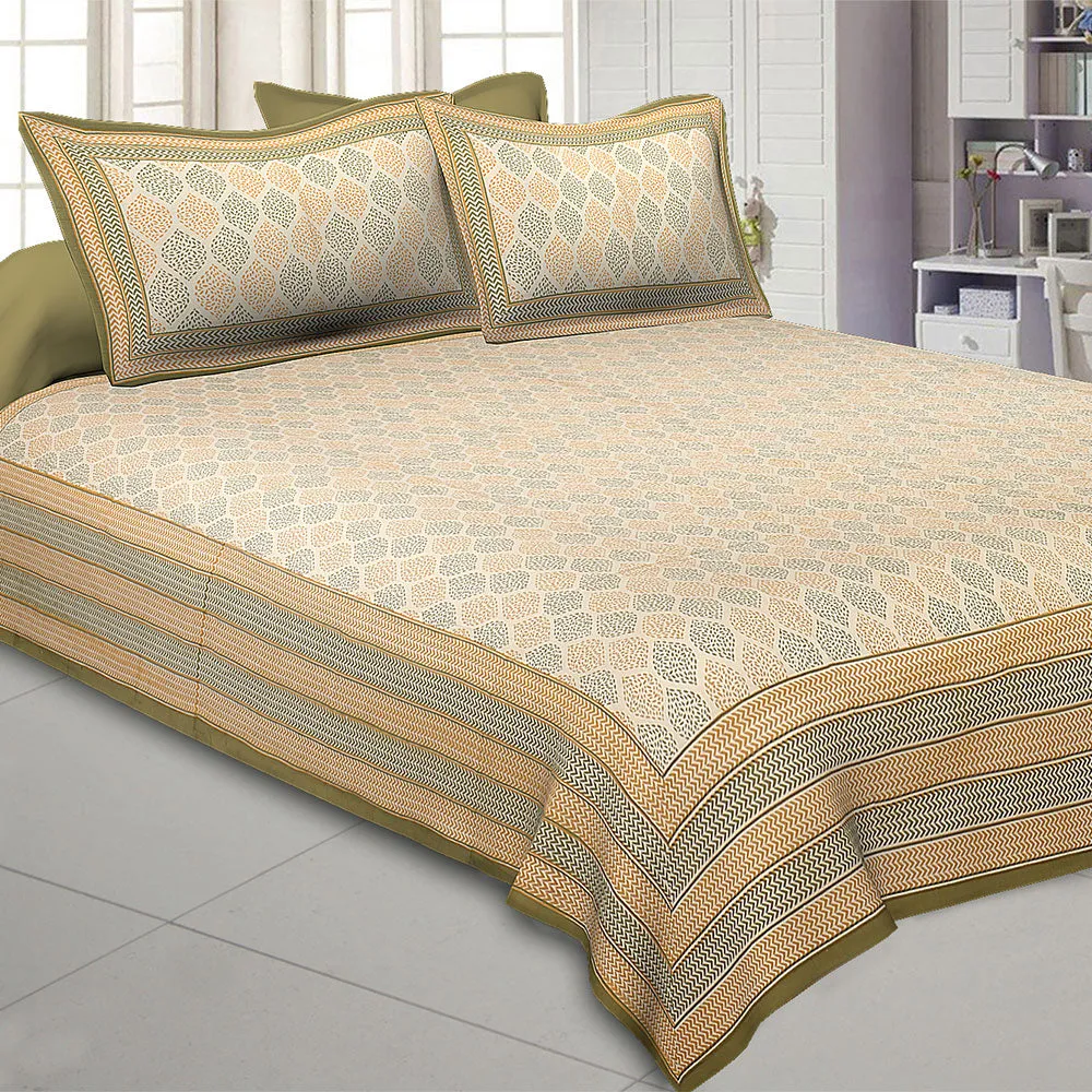 Jaipur Fabric Leafy Style Green Cotton Satin King Size Bedsheet