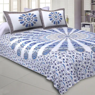 Jaipur Fabric Mandala Gold Print Double Bedsheet with 2 Pillow Covers
