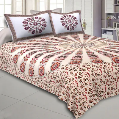 Jaipur Fabric Mandala Gold Print Double Bedsheet with 2 Pillow Covers