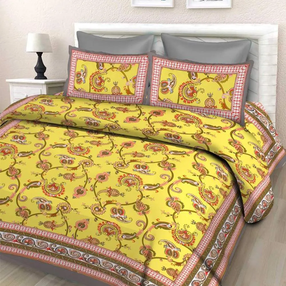 Jaipuri Blooming Vines Printed Double Bedsheet with Pillow Covers